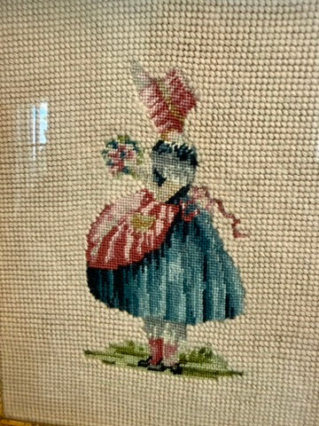 Vintage Framed Needlepoint Wall Art - Victorian Girl in Bonnet