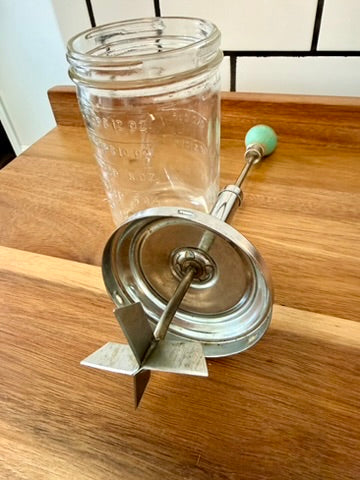 Glass Jar Nut Herb Chopper With A Turquoise Wooden Knob
