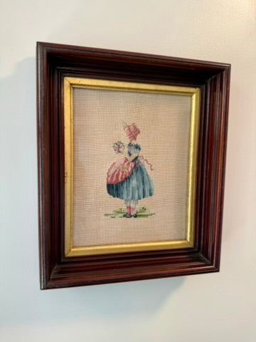Vintage Framed Needlepoint Wall Art - Victorian Girl in Bonnet