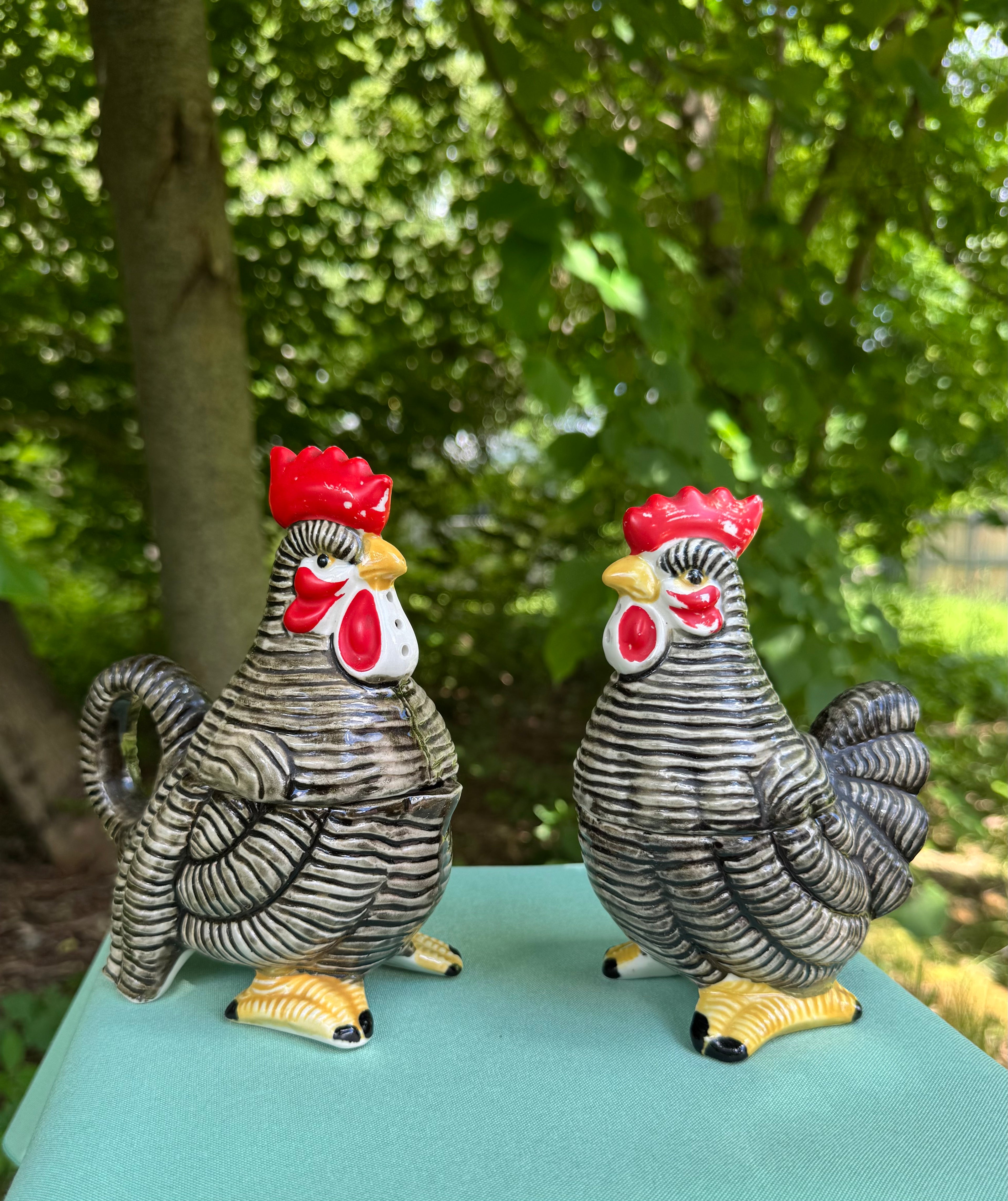 Vintage Rooster and Hen Salt, Pepper, Cream, and Sugar Set