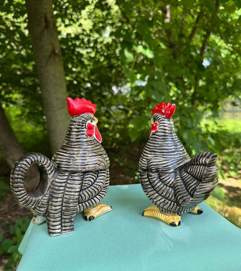 Vintage Rooster and Hen Salt, Pepper, Cream, and Sugar Set