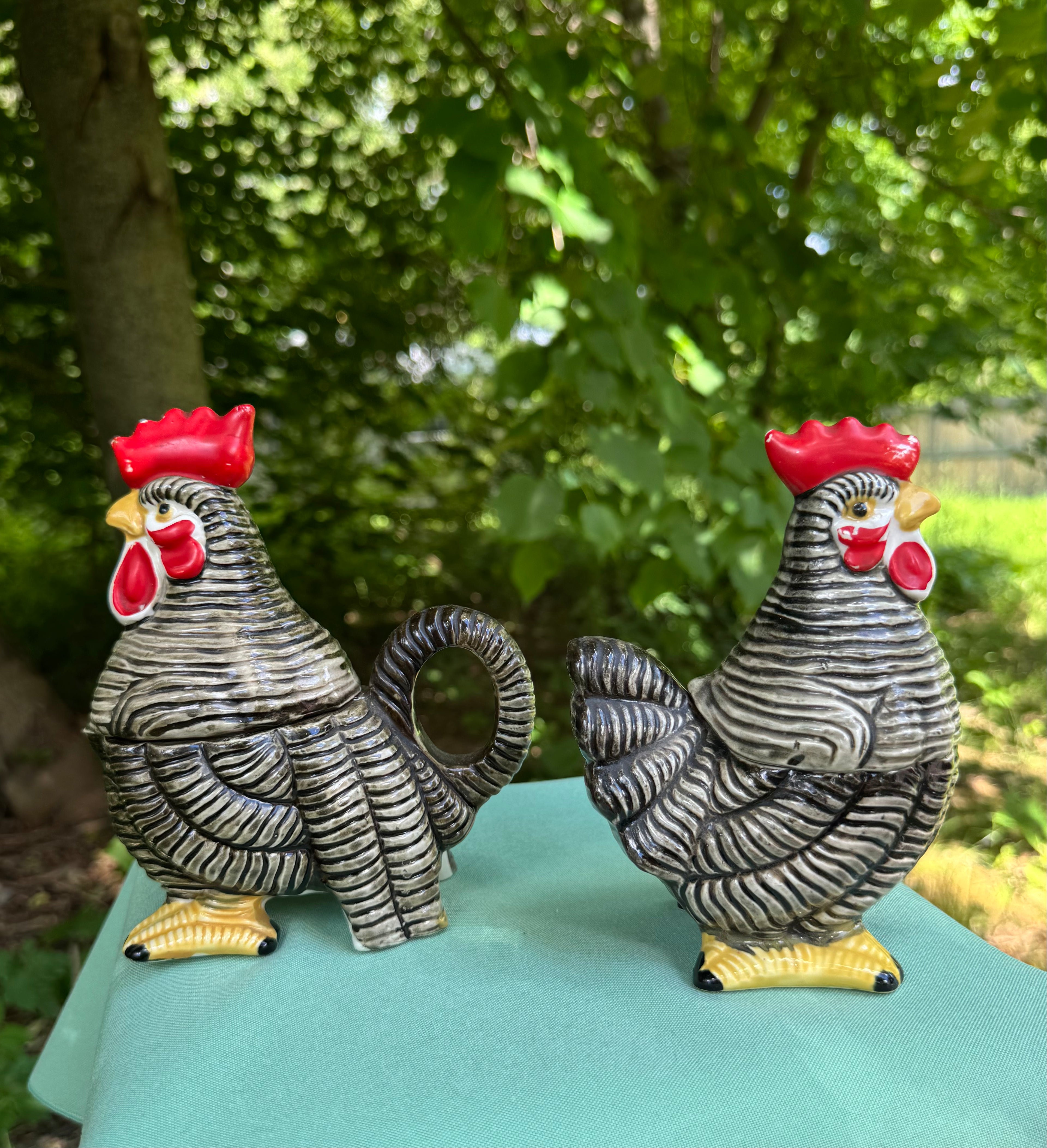 Vintage Rooster and Hen Salt, Pepper, Cream, and Sugar Set