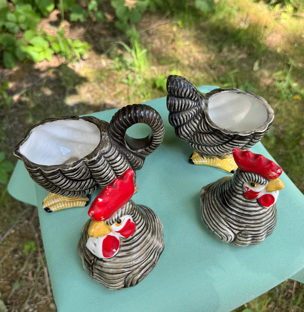 Vintage Rooster and Hen Salt, Pepper, Cream, and Sugar Set